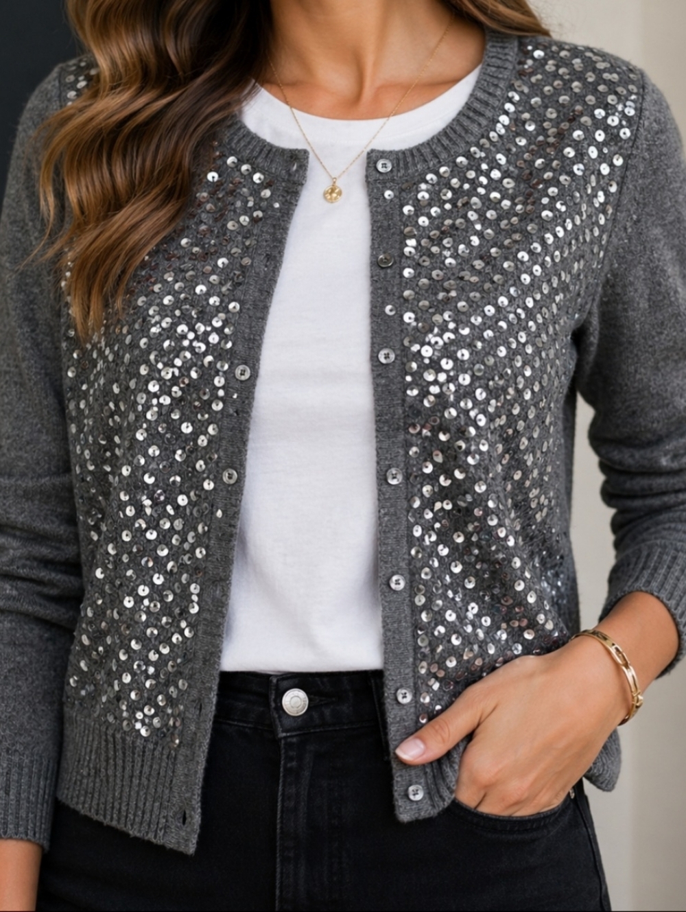 Ann Taylor sequin cardigan sweater gray | size S